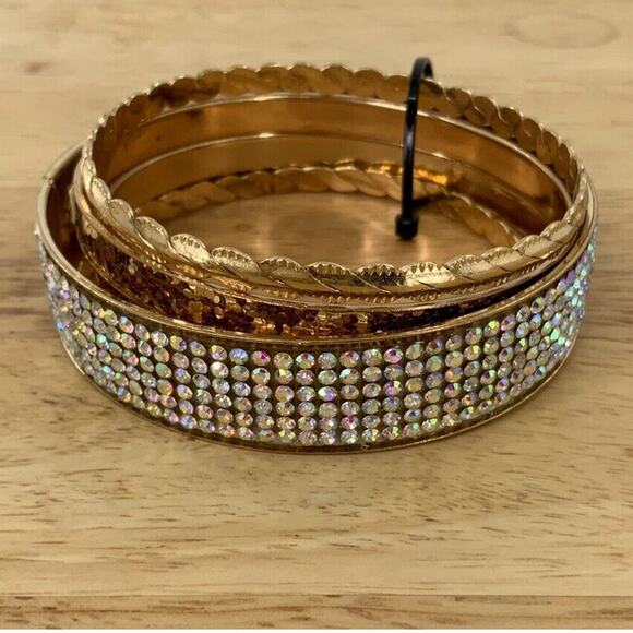 Retro Rhinestone Gold Tone Bangle Carved Bracelet Stackable Circles Set of 5 - Picture 1 of 11